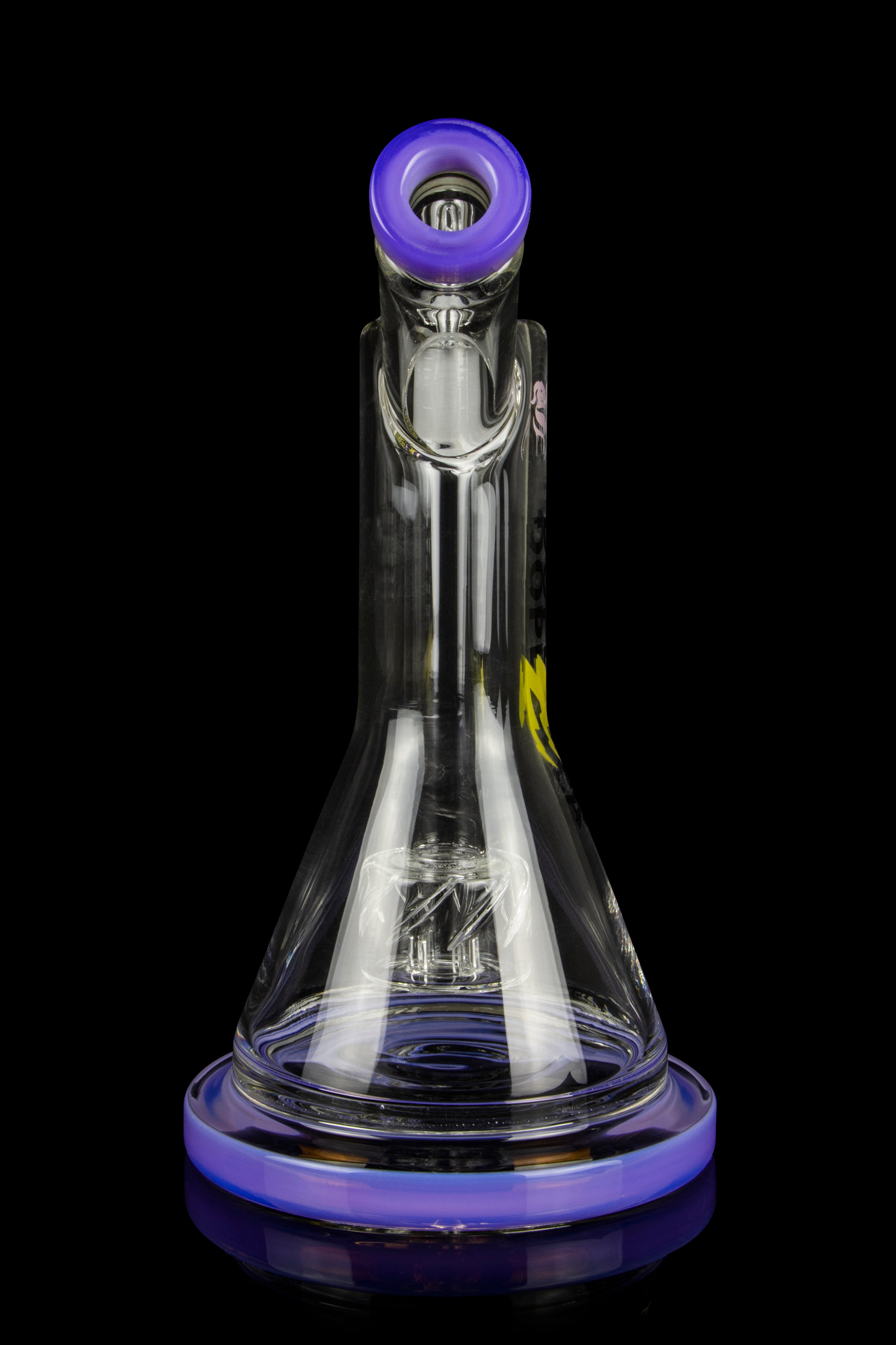 Clear glass rig with purple accents, featuring a bubbler design for cannabis concentrate use.