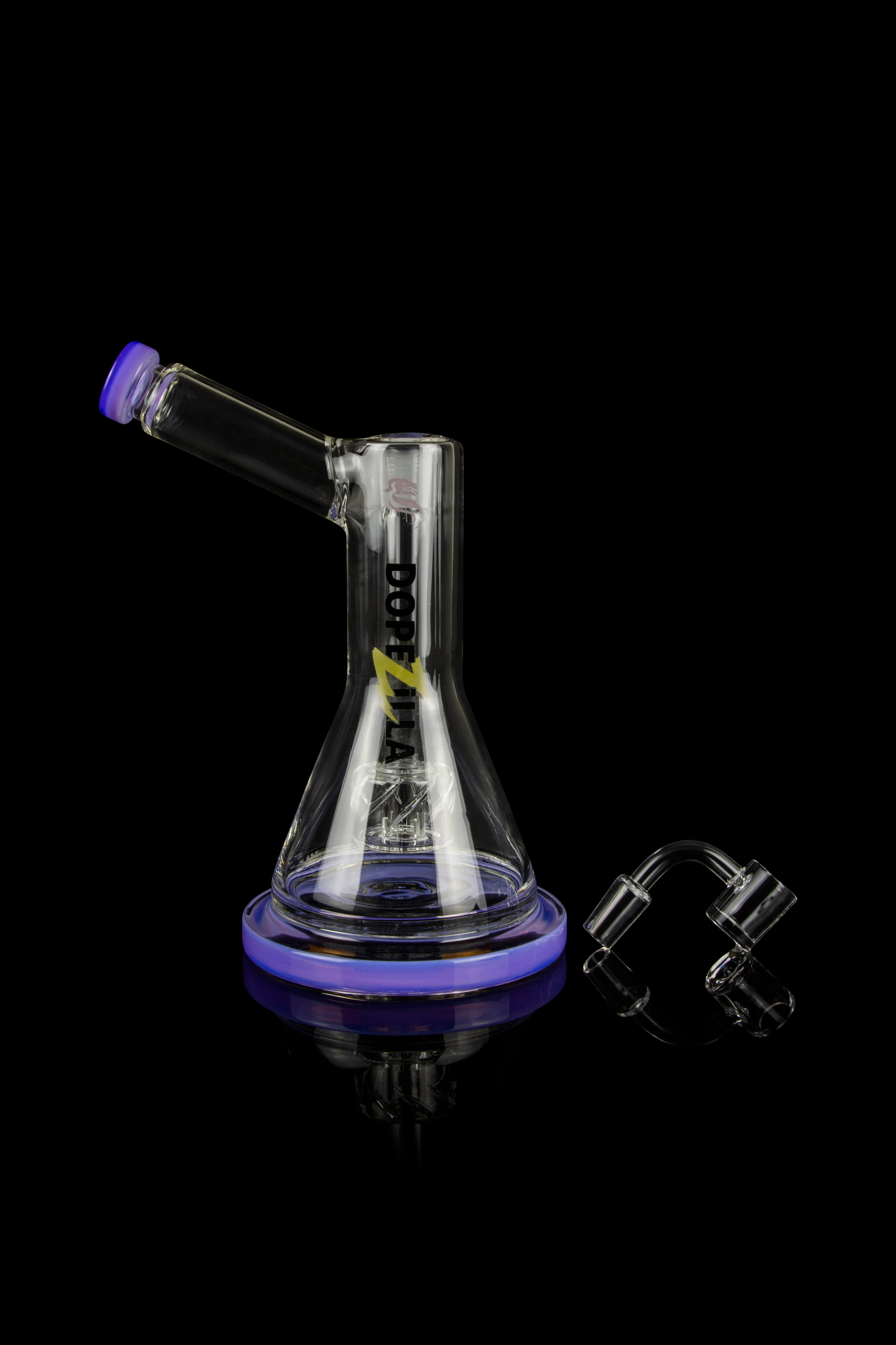 Glass water pipe (bong) with purple accents and accompanying glass bongs attachments on a black background.