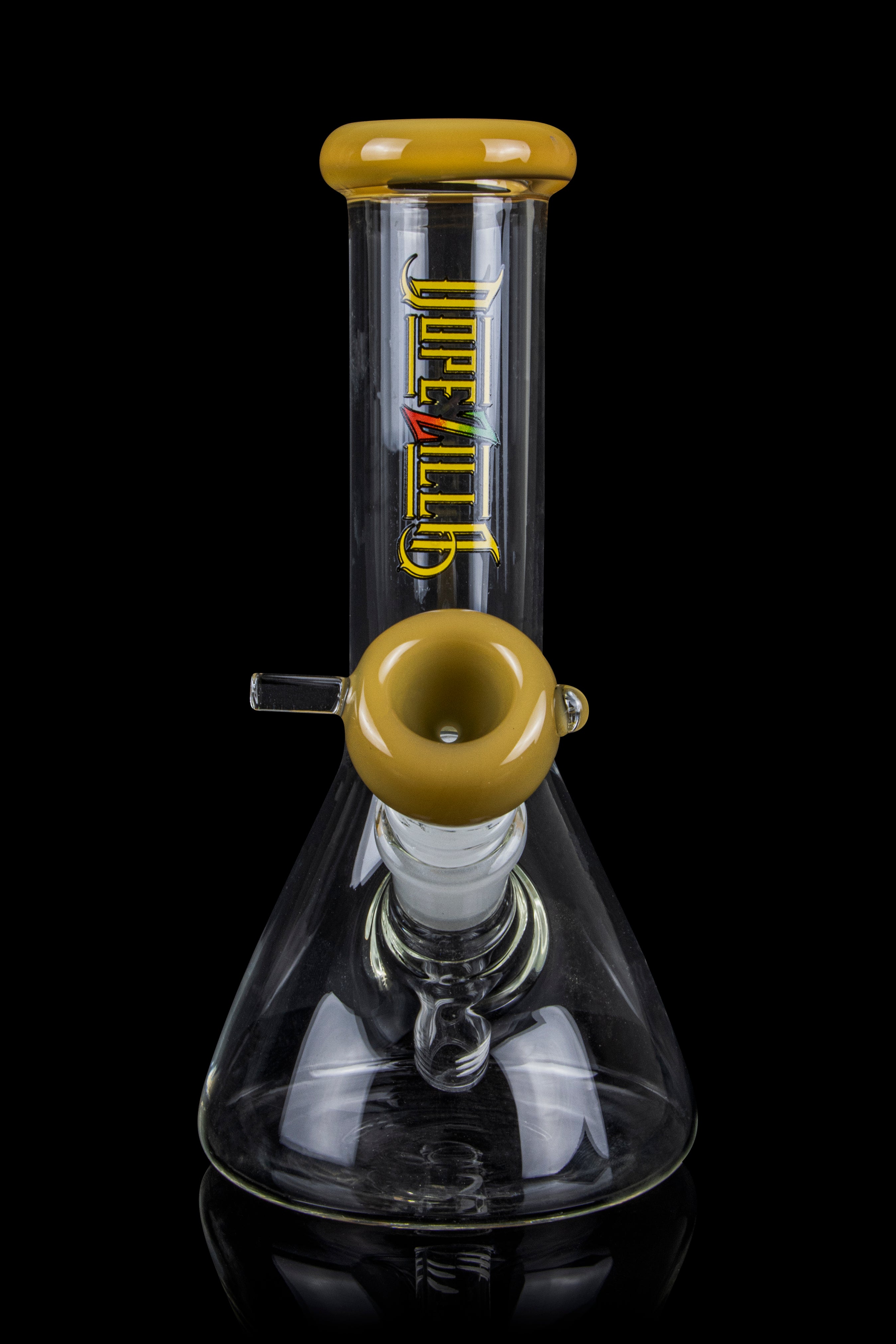 Glass bong with gold accents and branding, studio shot.