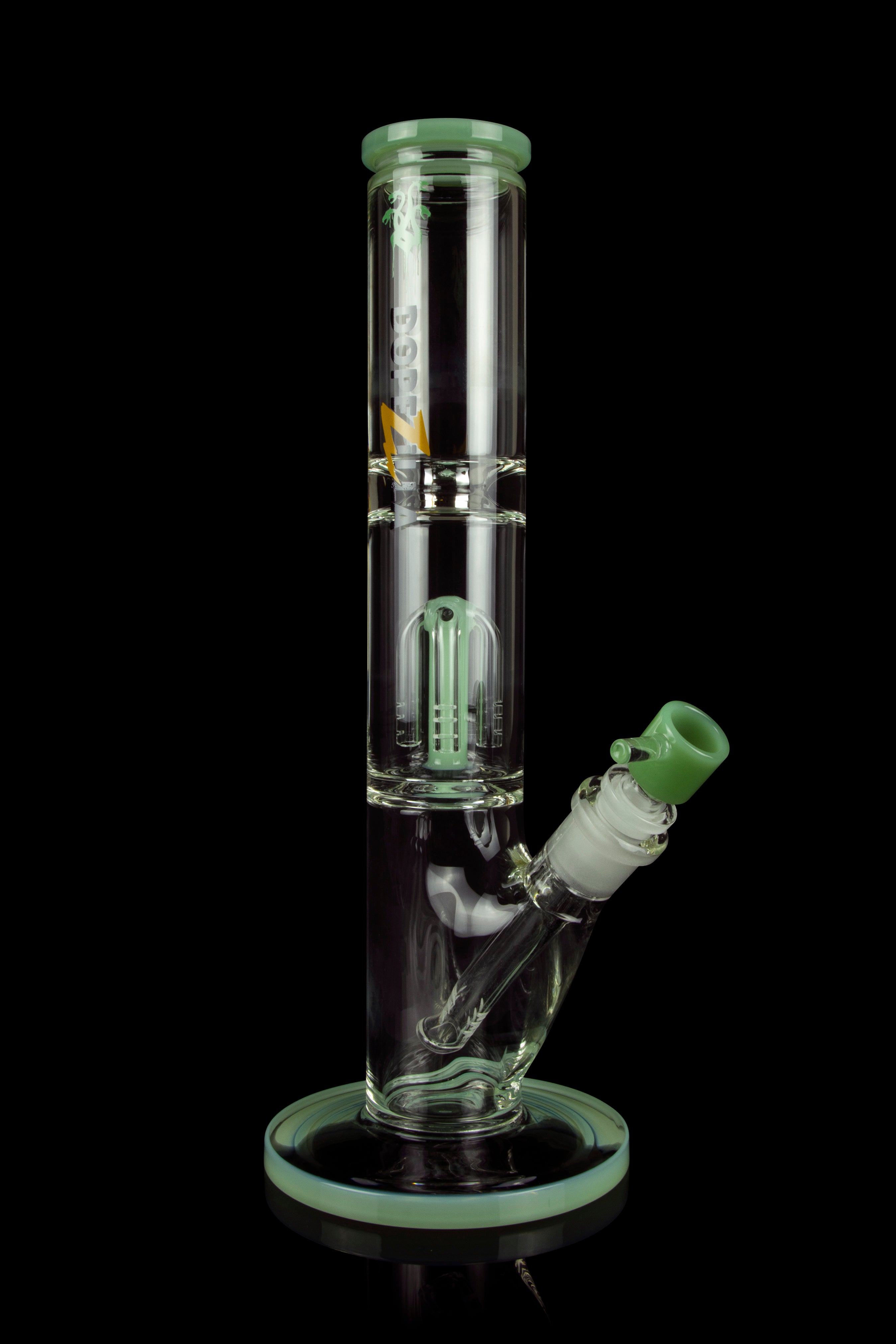 Green glass water pipe (bong) with intricate perc filtration system.