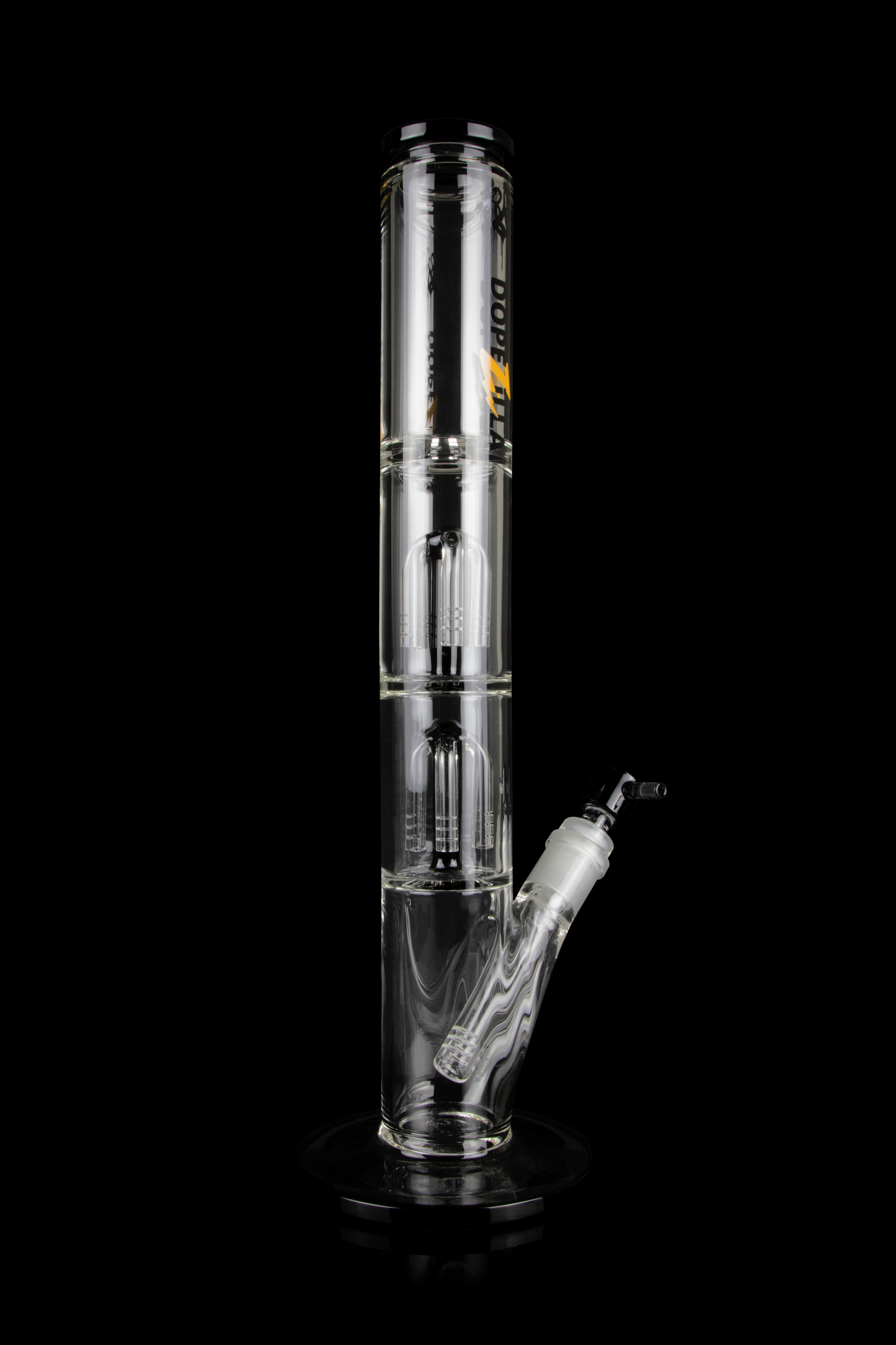 Clear glass water pipe (bong) with multiple percolation chambers and a glass bowl.