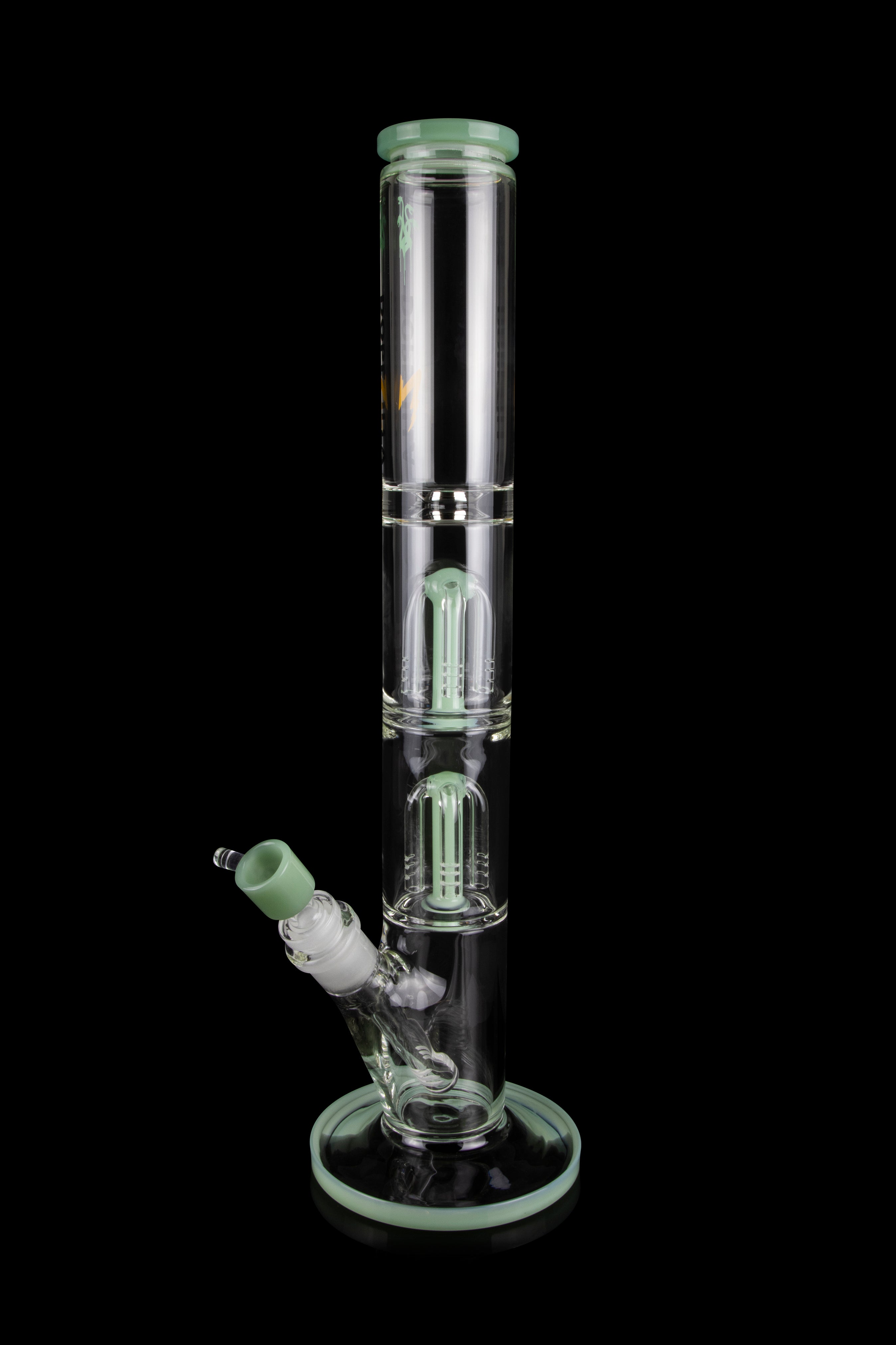 Green glass water pipe (bong) with multiple diffusion chambers.