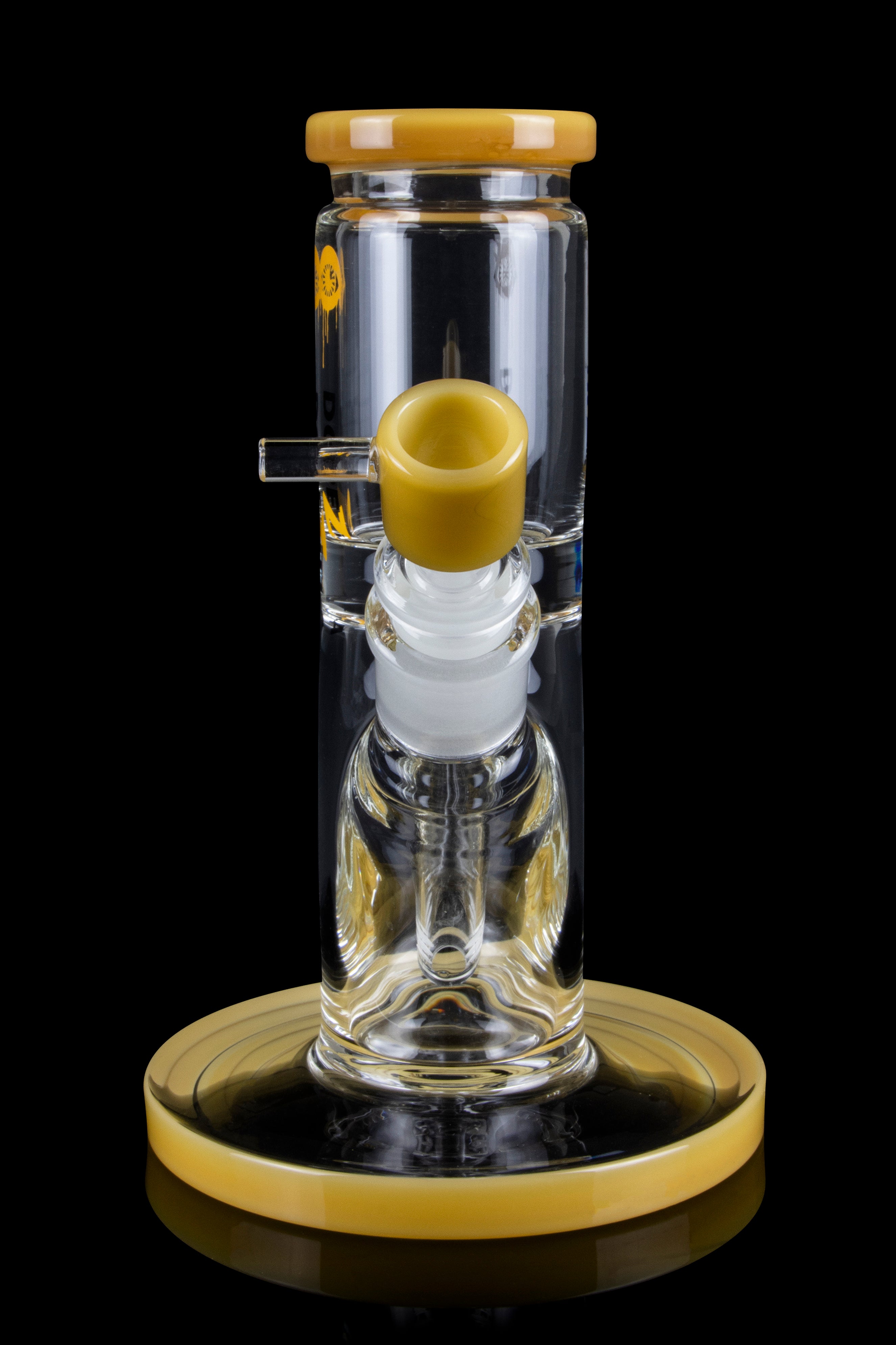 Clear glass bubbler with gold accents, featuring a removable bowl and water chamber.