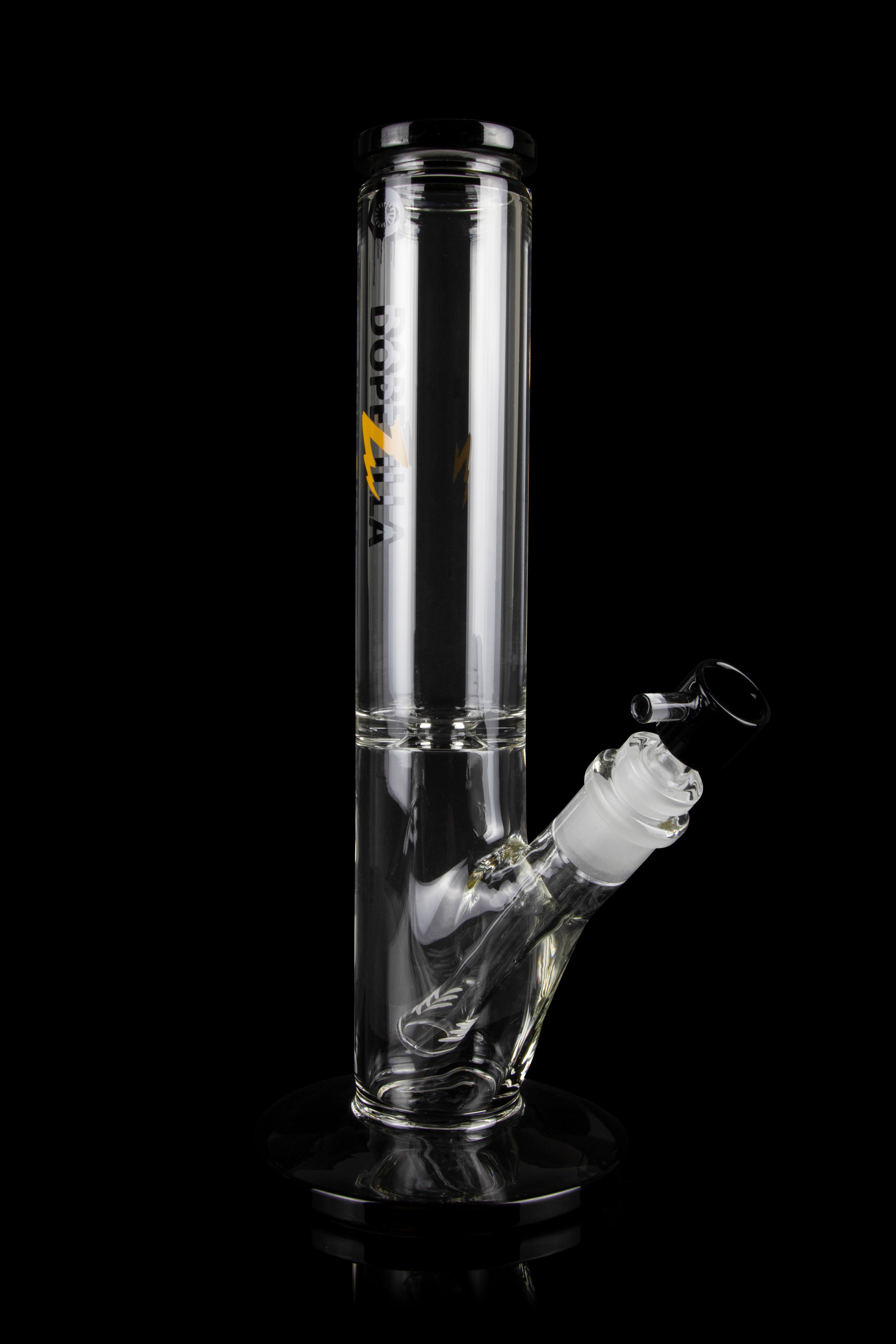 Clear glass bong with ice catch and branded logo, isolated on black.