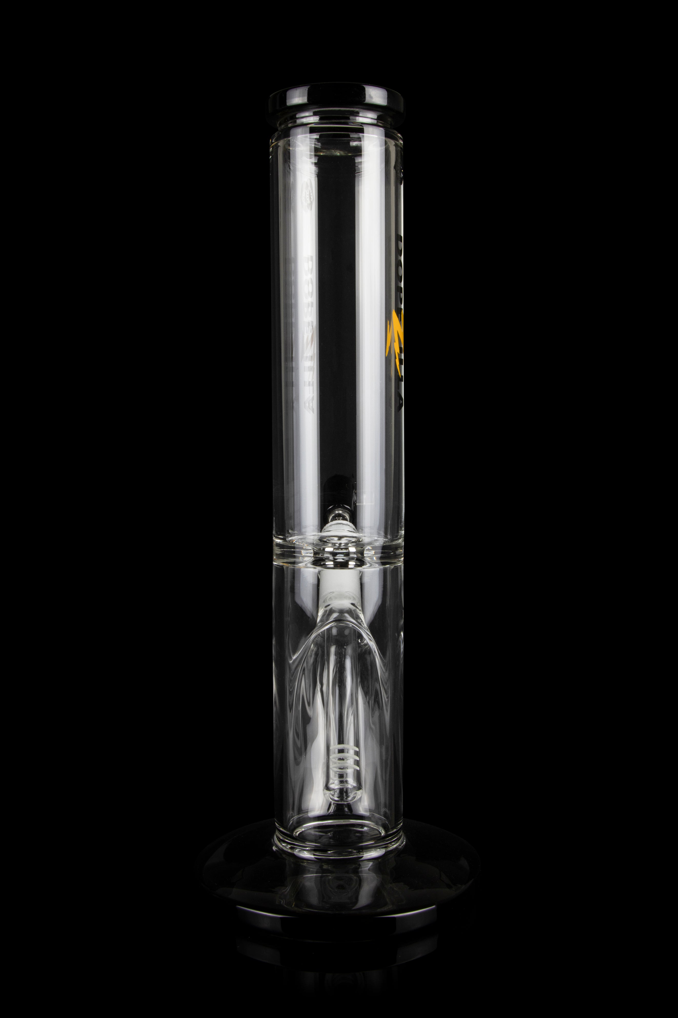 Clear glass bong with percolator, studio shot on black background.