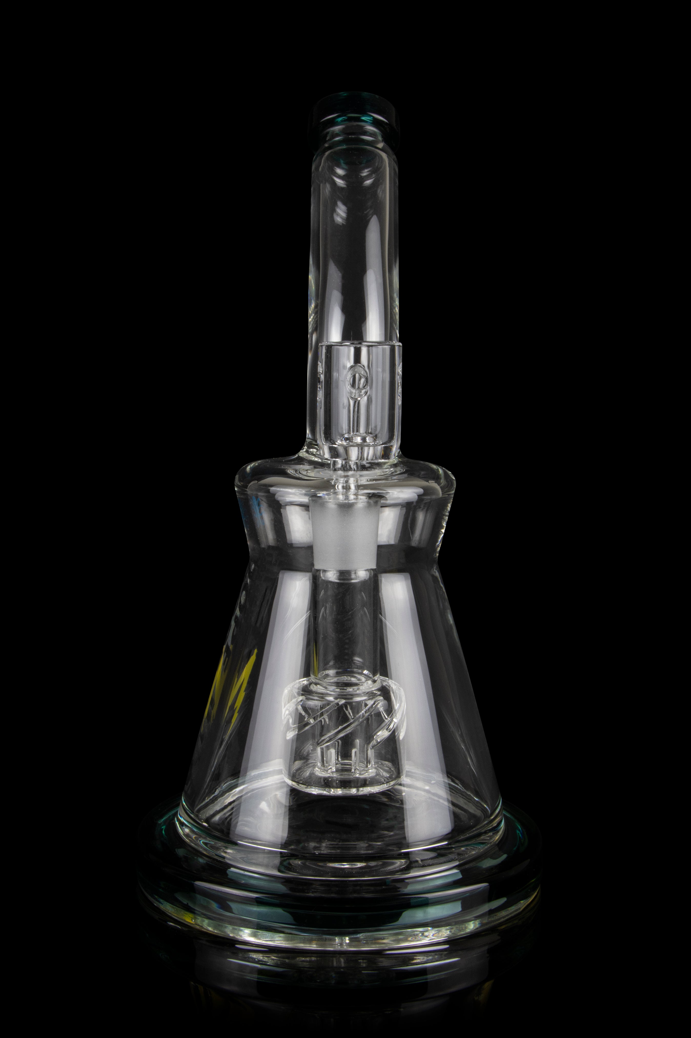 Clear glass water pipe (rig) with intricate percolator, isolated on black.