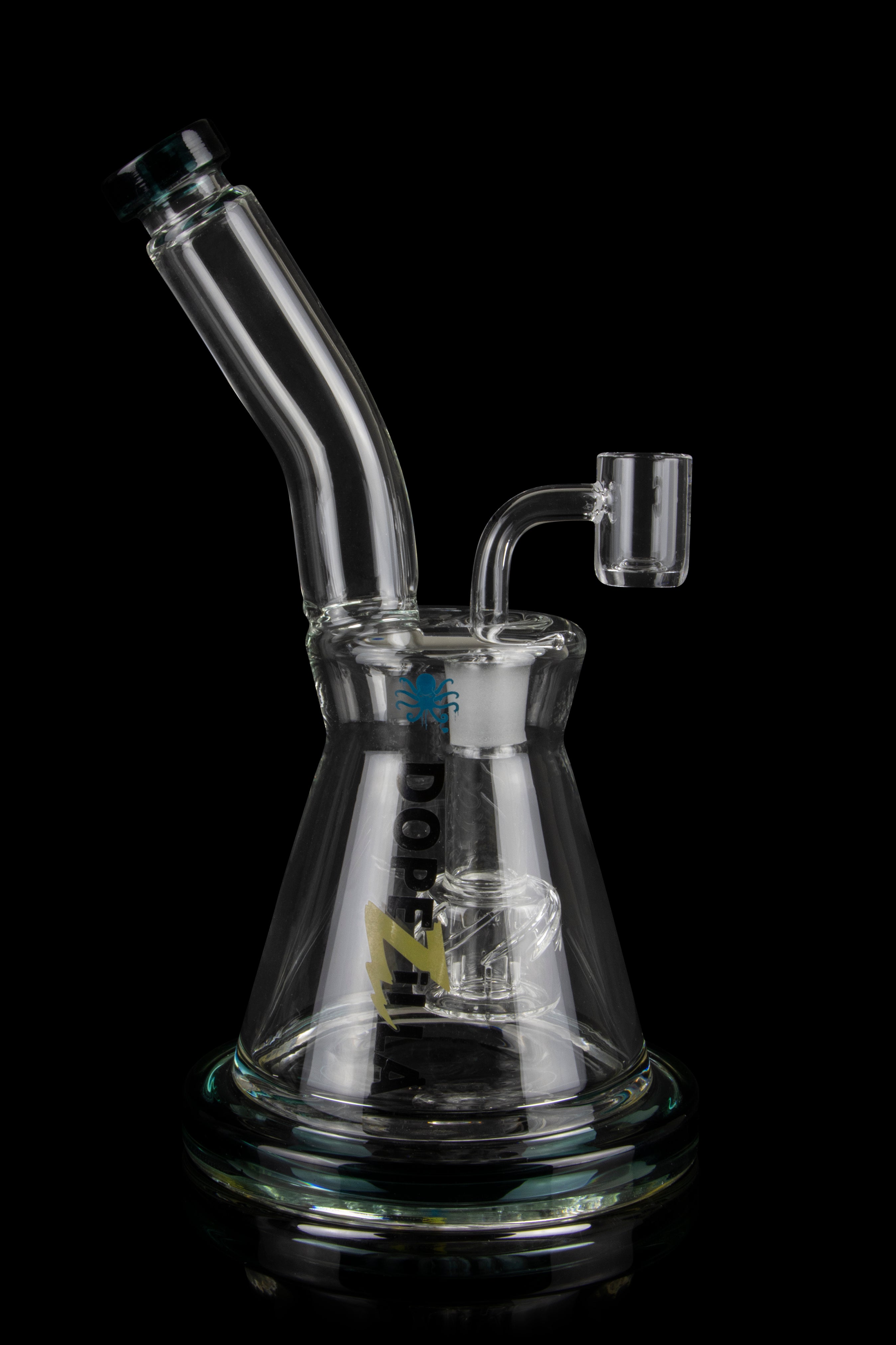 Clear glass water pipe (bong) with intricate percolator and accompanying glass bowl, isolated on a black background.