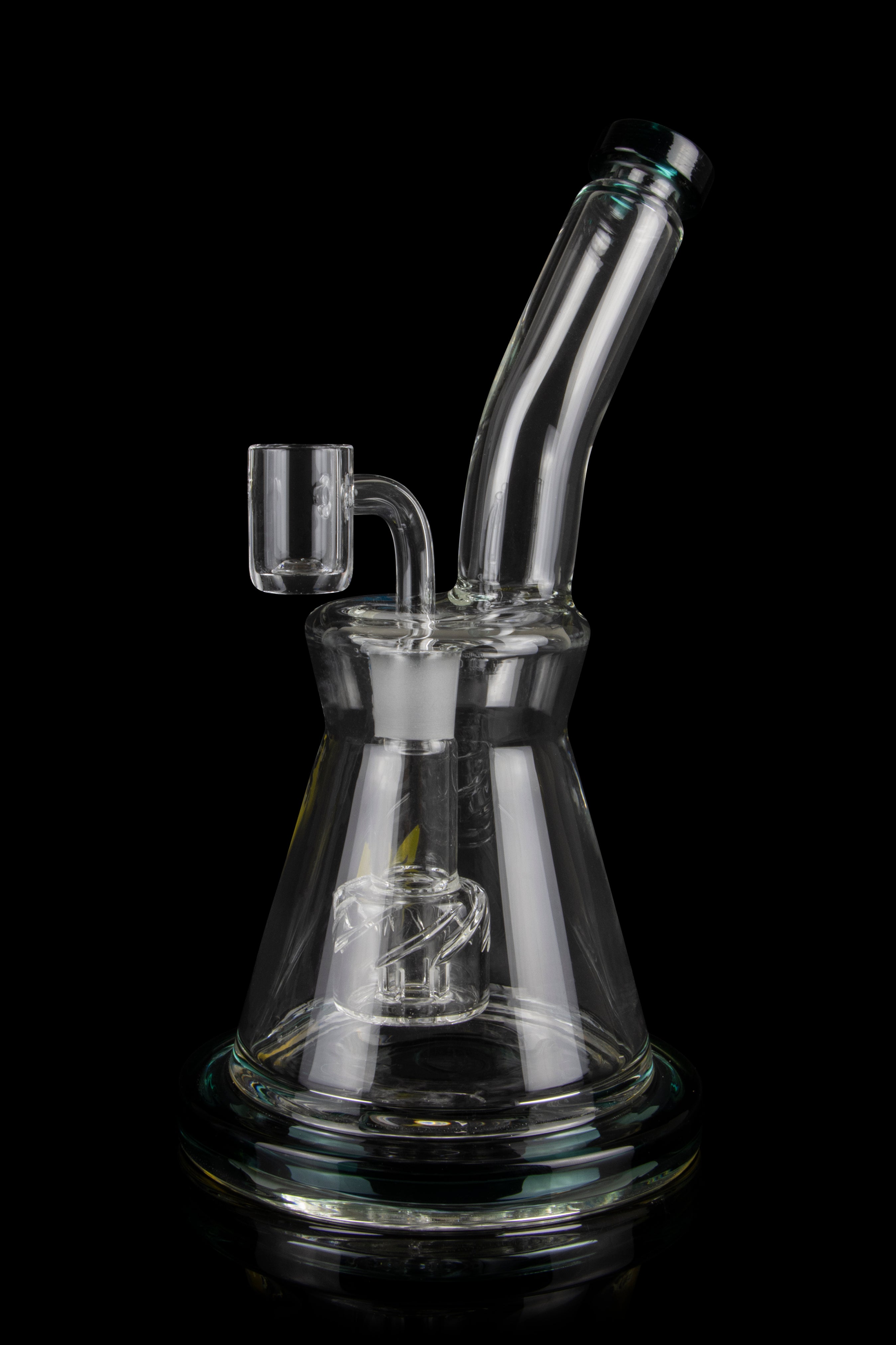 Clear glass water pipe (rig) with intricate bubbler design, isolated on a black background.