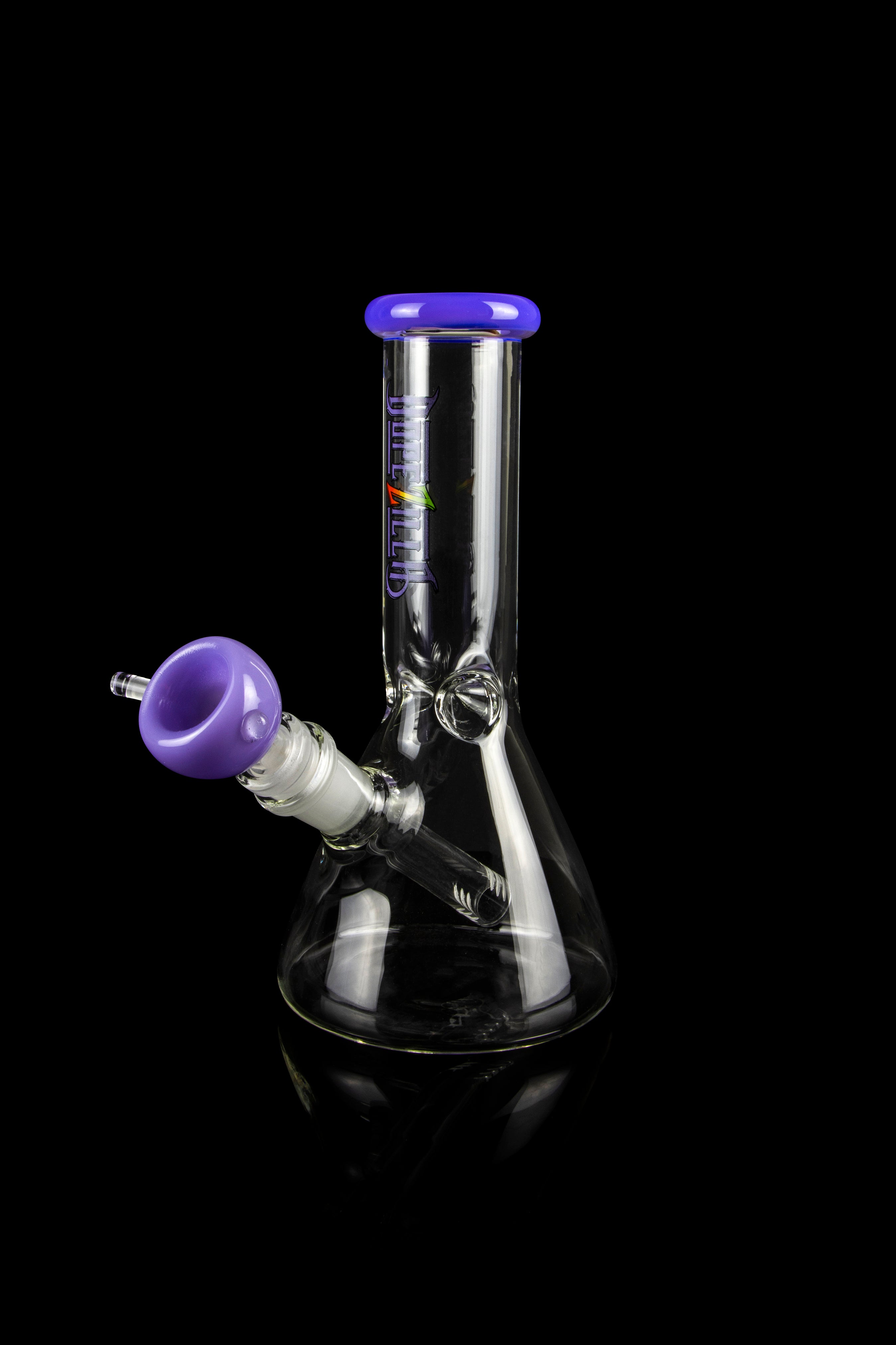 Glass bong with purple accents and a detachable bowl.