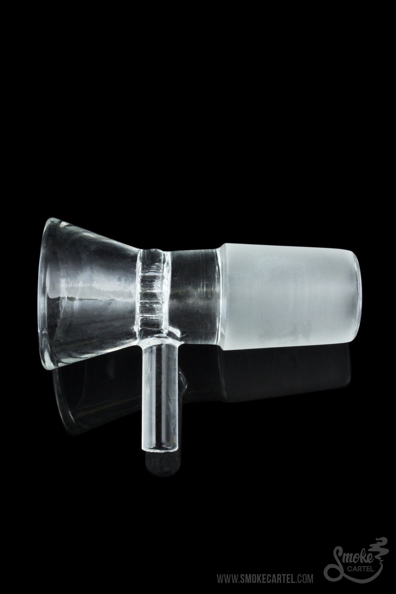 A close-up, angled view of the 14.5mm or 18.8mm Male Bowl with Built In Screen, showcasing its clear glass construction and integrated mesh screen.