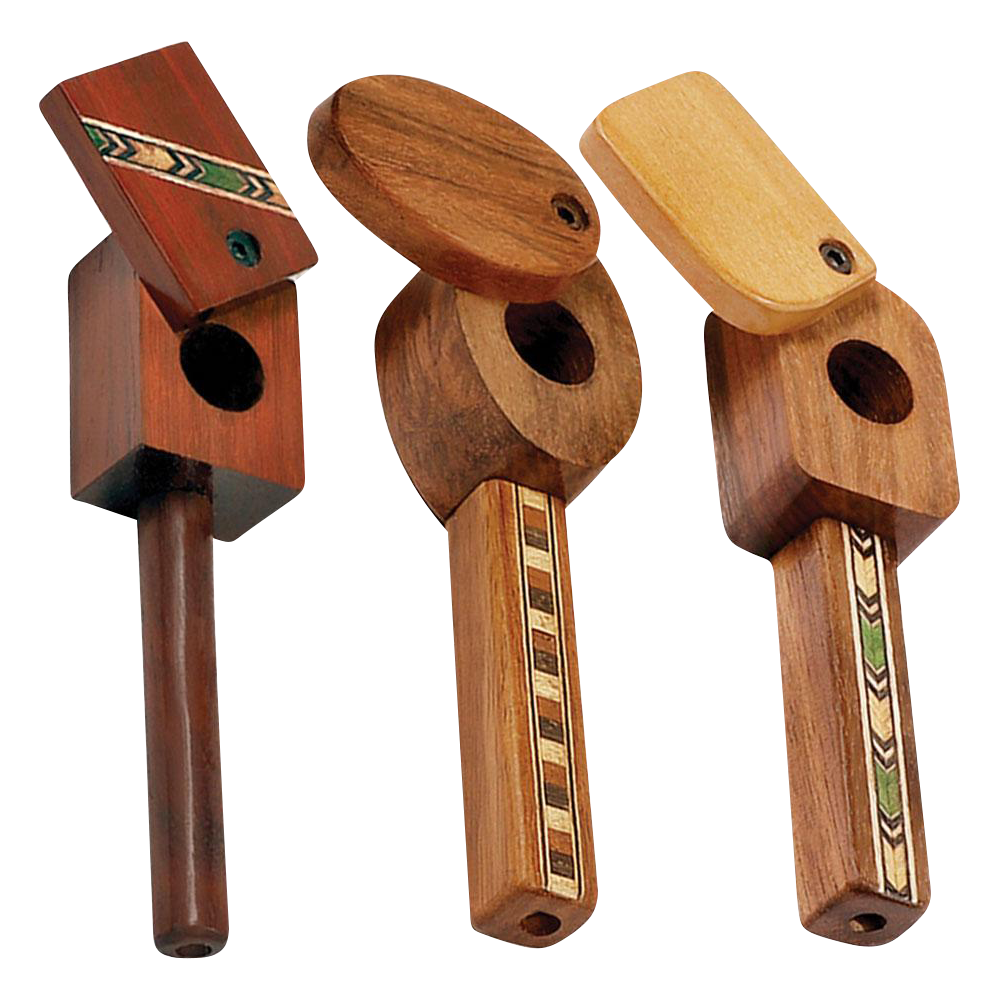 A three-quarter view of the Marquee Inlaid Wood Spoon Pipe with Swivel Lid, displaying its wooden finish and unique inlaid design.