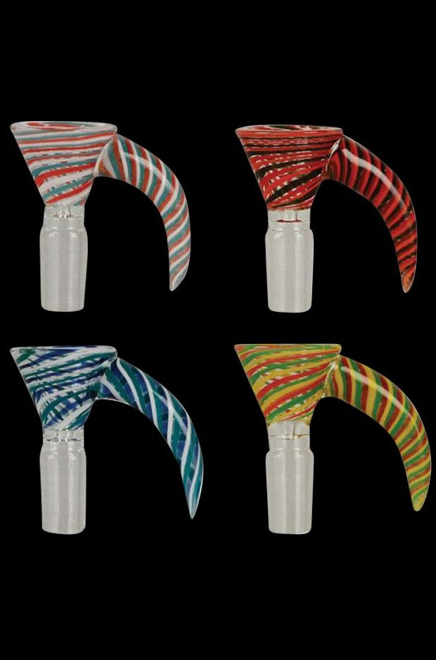 Four Candy Striped Male Herb Slide pieces photographed front-facing on black, showing red, green, blue, and red-striped glass variants.