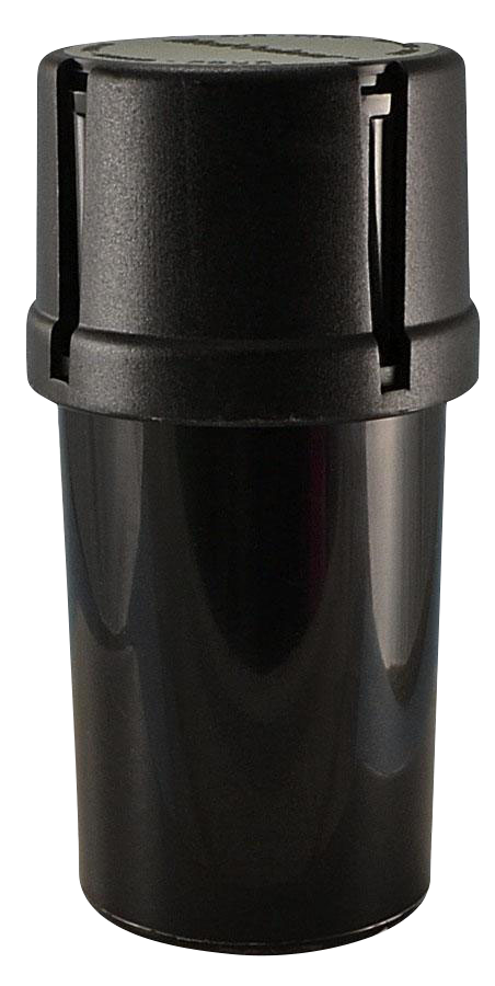 Front view of the Medtainer Air-Tight Herb Container with Grinder, a black, cylindrical container with a textured lid.