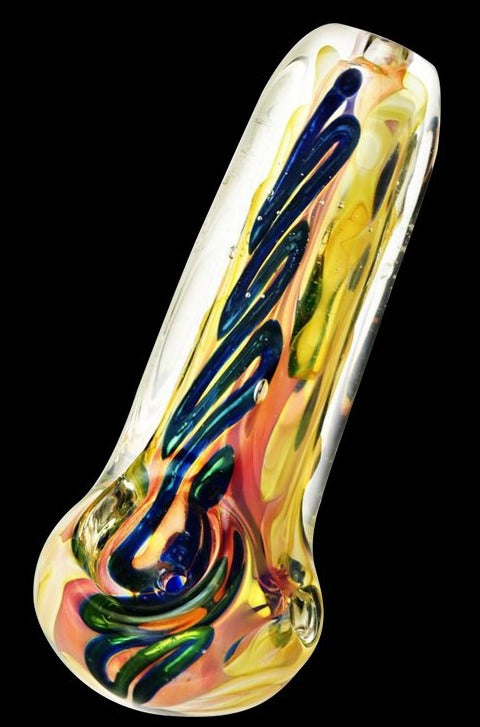 Angled close-up of a Fumed Glass Spoon Pipe showing a clear glass body with swirling blue, green, yellow, and orange internal waves on black.