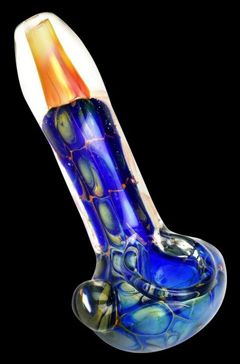 Angled close-up of a Fumed Glass Spoon Pipe, the Twisted Vine style showing blue and green swirled glass with a clear mouthpiece against a black background