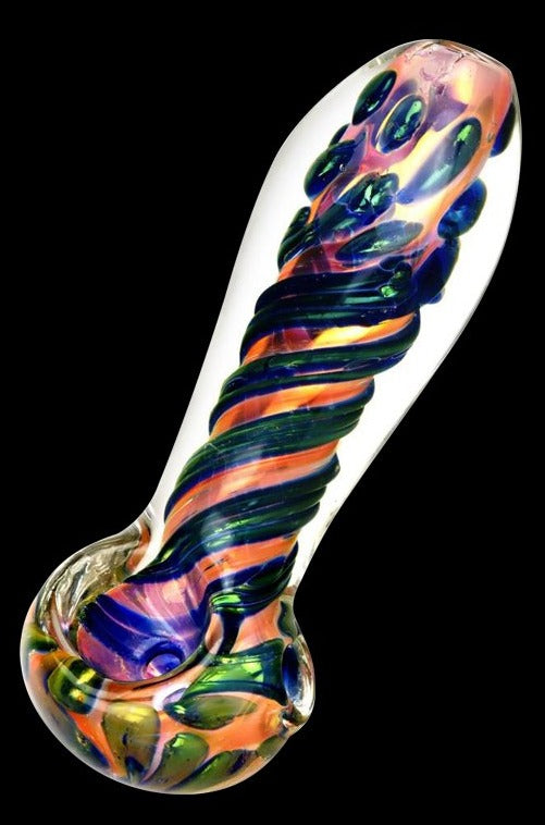 Angled close-up of the Fumed Glass Spoon Pipe showing a twisted, multicolored spiral and raised dot accents against a black background