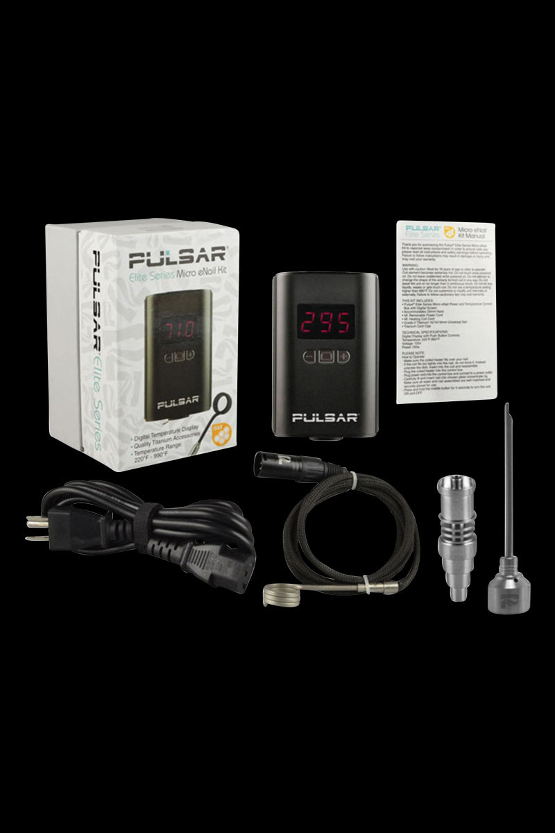 A slightly angled close-up of the Pulsar Micro eNail Elite Kit, displaying a digital temperature readout and coiled cable.