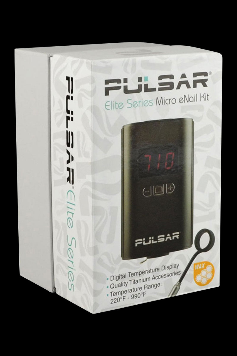 A close-up of the Pulsar Micro eNail Elite Kit displays a digital temperature reading on its sleek black casing.