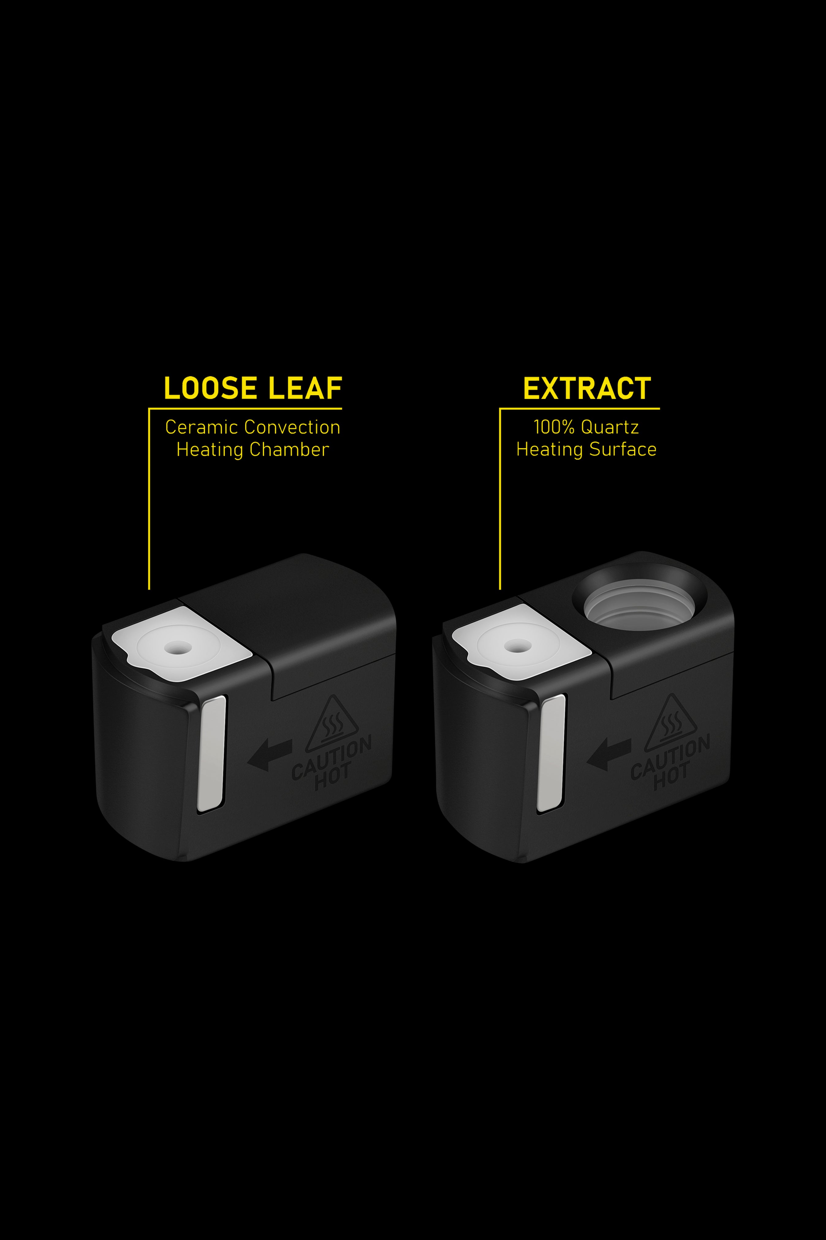 Two cannabis vaporizer heating chambers: one for loose leaf (ceramic convection) and one for extract (100% quartz heating surface), with directional arrows and caution icons.