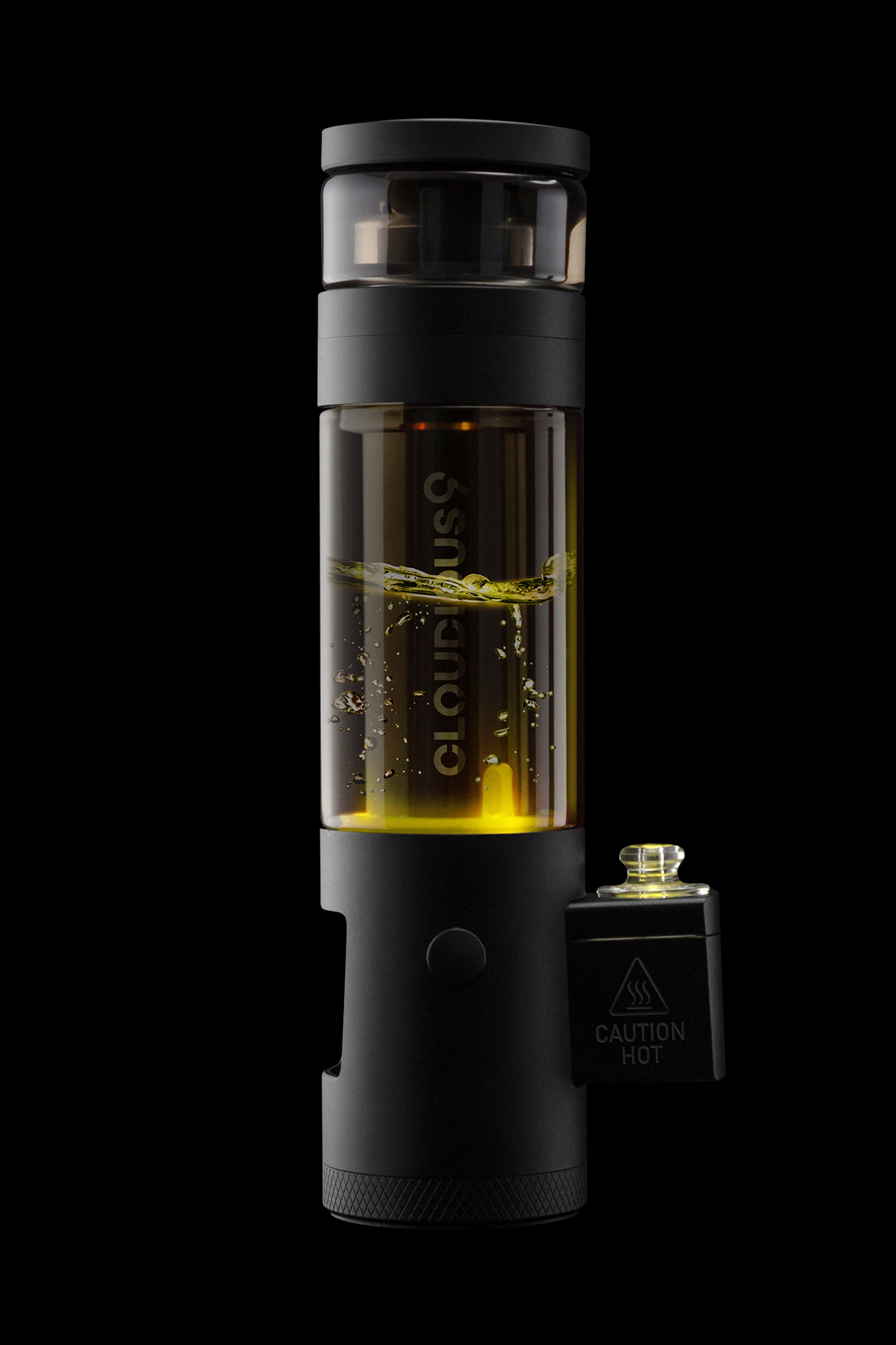 Black and gold cannabis water pipe, labeled "Cloudious9," with visible liquid inside, against a black background.