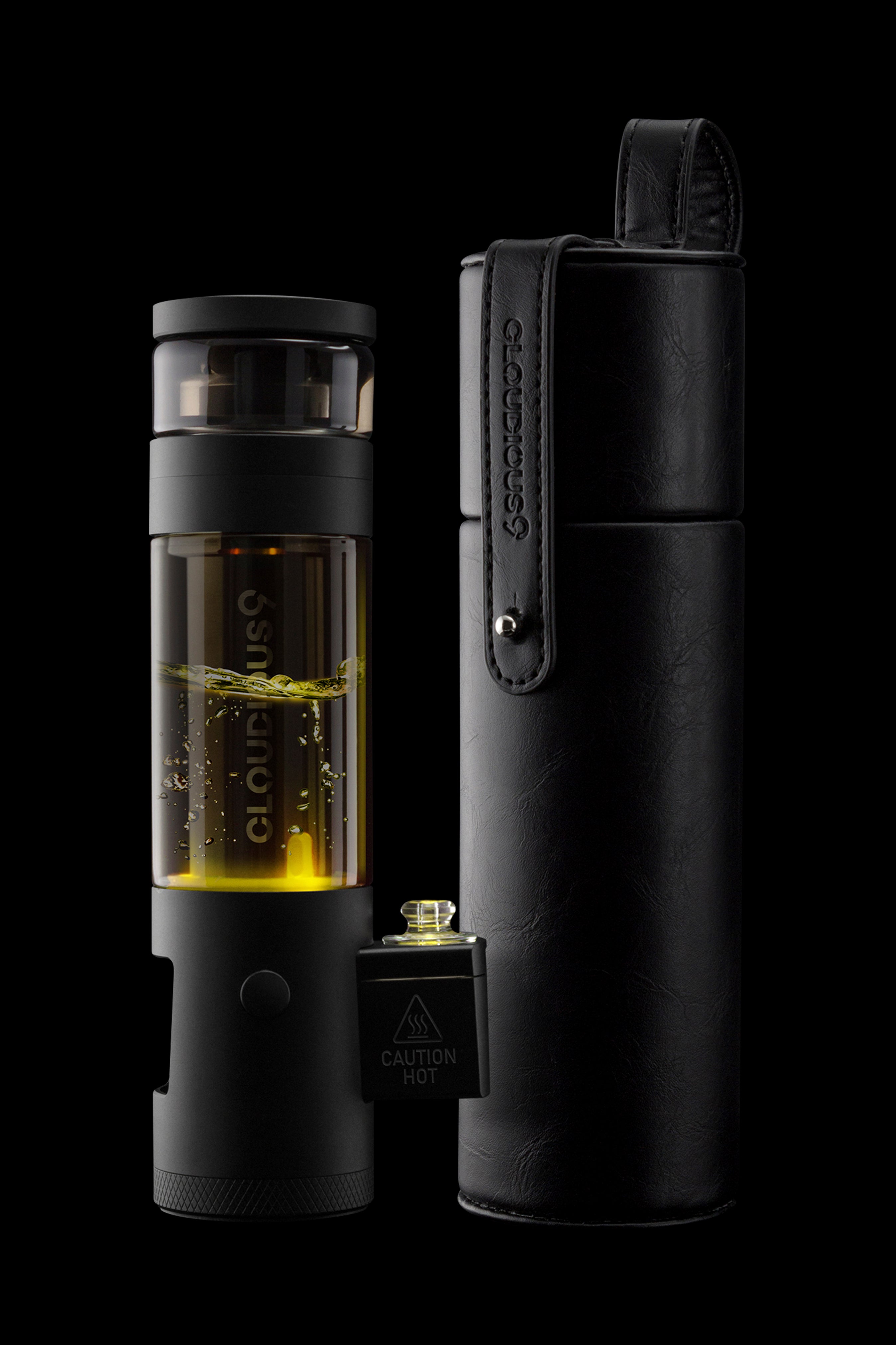 Black Cloudious Hydrology 9 bubbler with carrying case, displaying visible liquid concentrate.