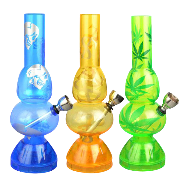 A front view of the Mini Acrylic Double Bubble Water Pipe with Built in Grinder Base, featuring a stacked double-bubble design in translucent blue and yellow.