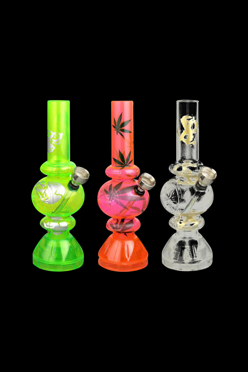Front view of the Mini Acrylic Bubble Water Pipe with Grinder Base, showcasing a colorful, bubble-shaped acrylic pipe on a black background.