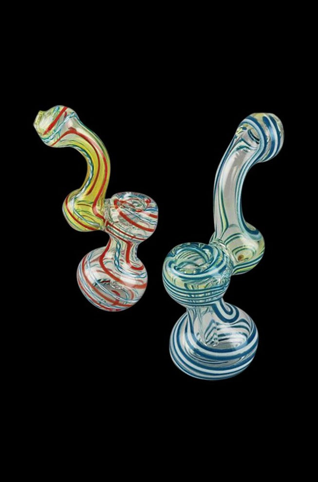 Front view of the Swirl Stripped Mini Bubbler Glass Pipe, featuring colorful swirls in a compact glass design.