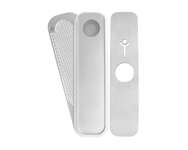 Top-down view of the Genius "Mini" Pipe showing three brushed silver panels fanned out on a white background.