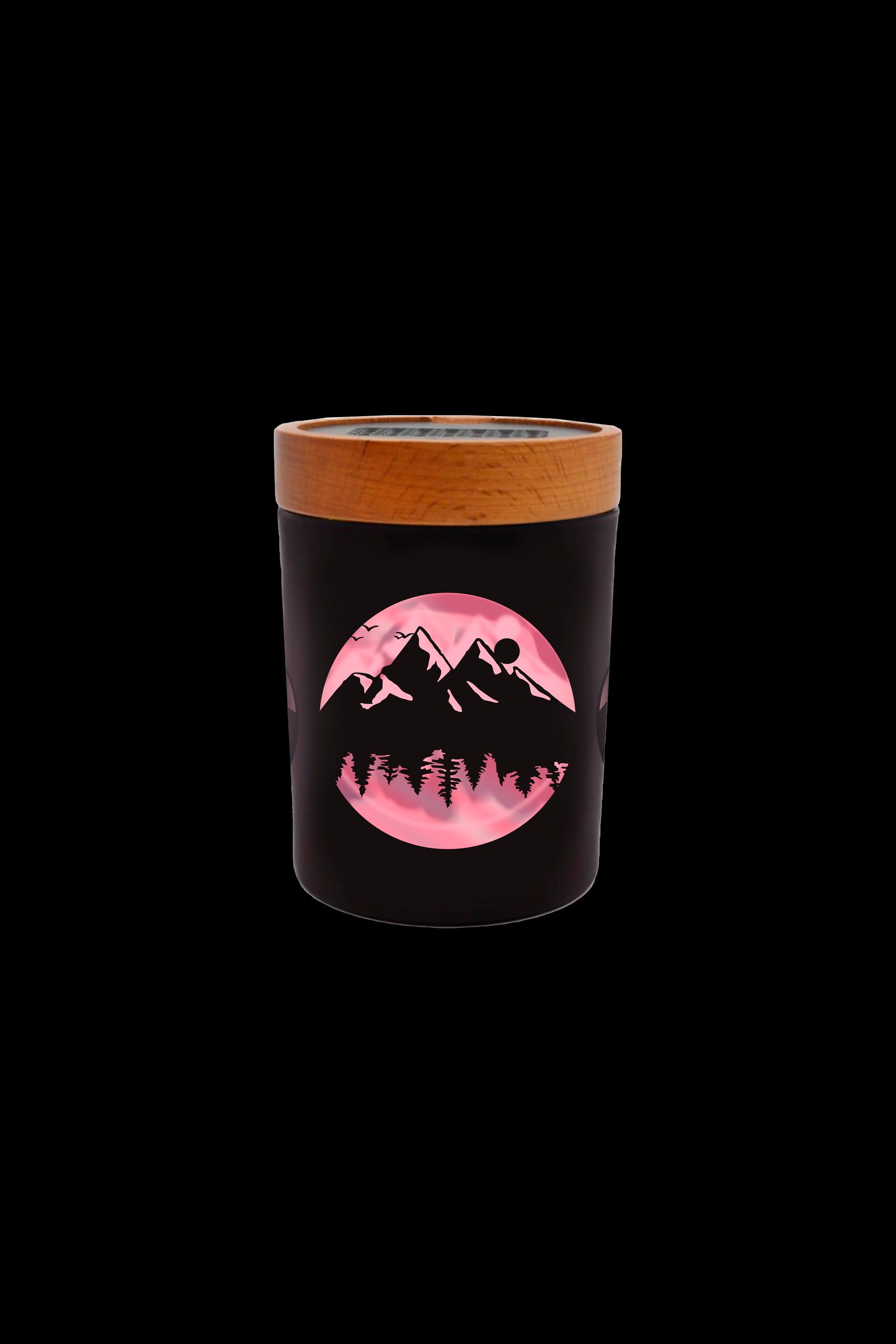 Black cannabis jar with a mountain and moon design.