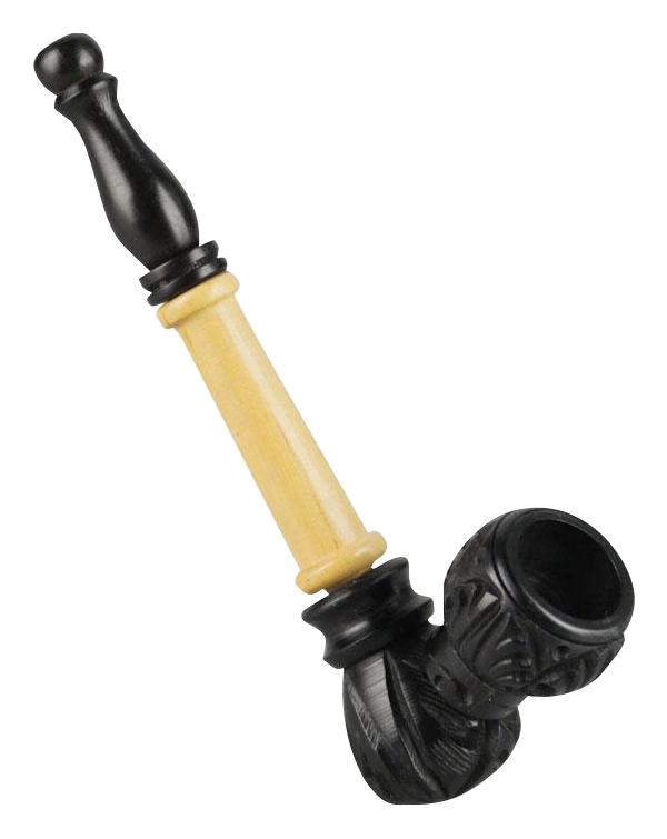 A detailed side view of the Multi Wood Carved Sherlock Pipe, featuring a sculpted wooden bowl and stem.