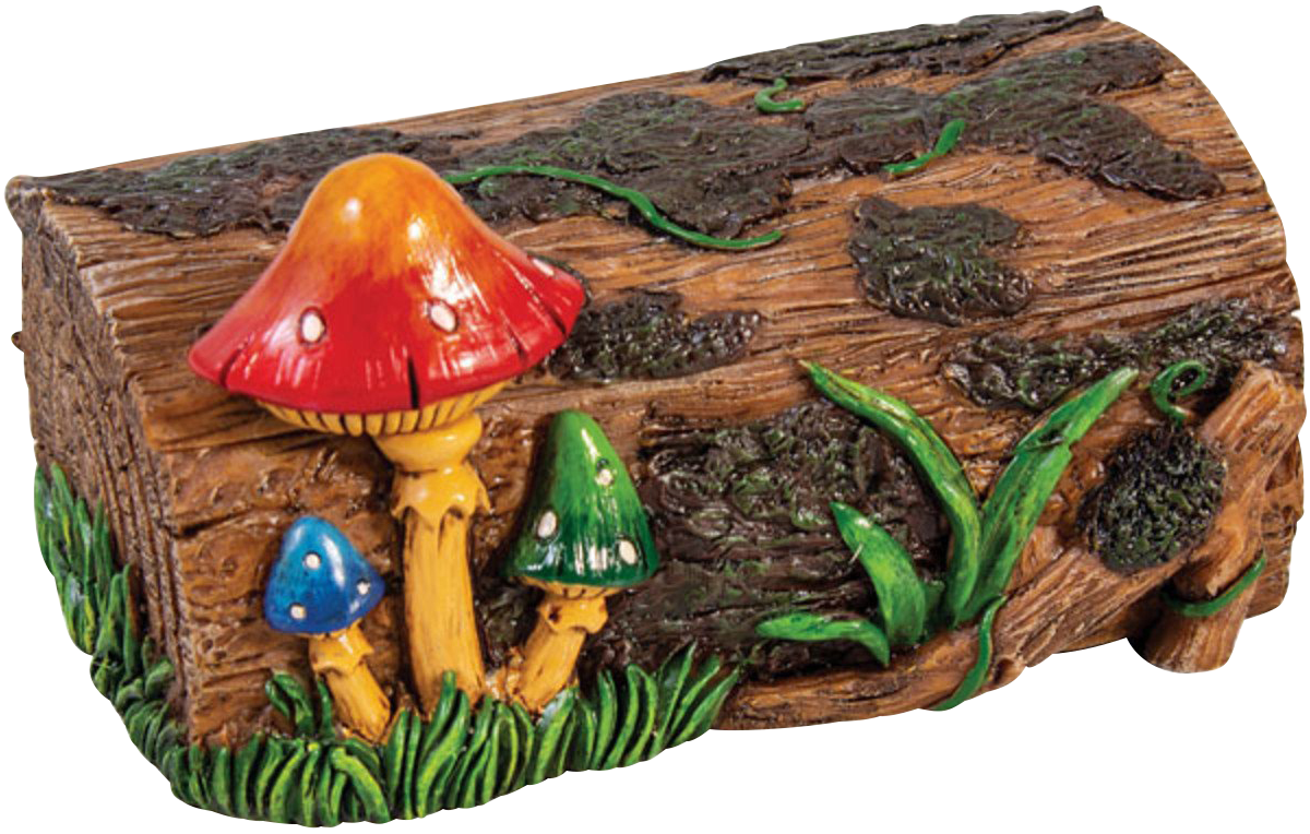 Front view of the Mushroom Themed Stash Box, carved to resemble wood with colorful mushroom details and green moss accents.