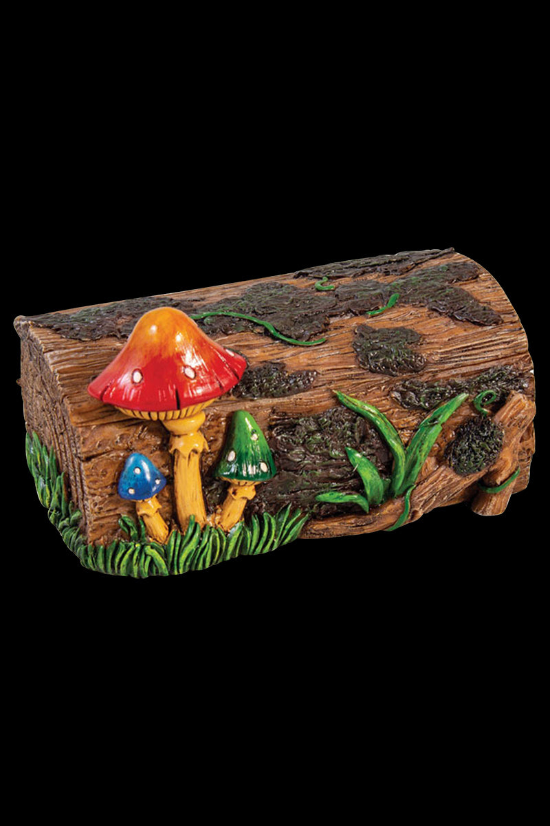 The Mushroom Themed Stash Box appears as a detailed, wooden sculpture depicting vibrant mushrooms growing from a forest floor.
