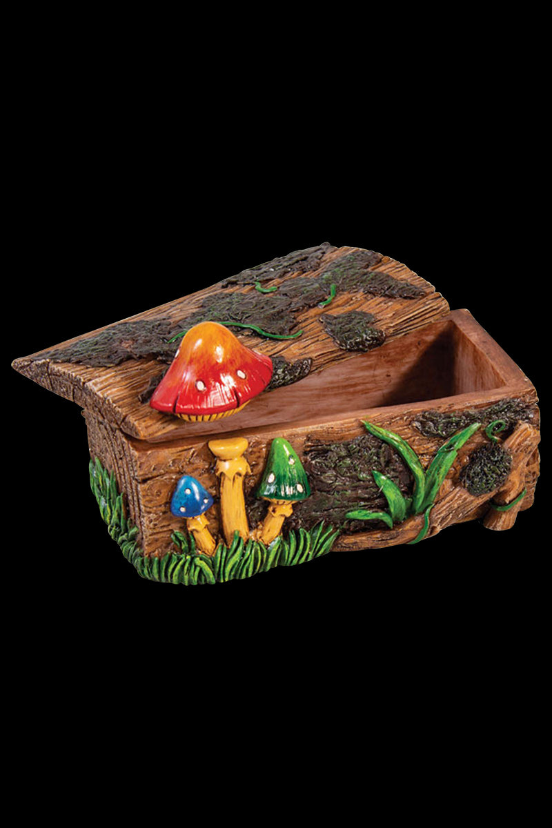 The Mushroom Themed Stash Box is pictured from a slightly elevated angle, showcasing its detailed, sculpted design.