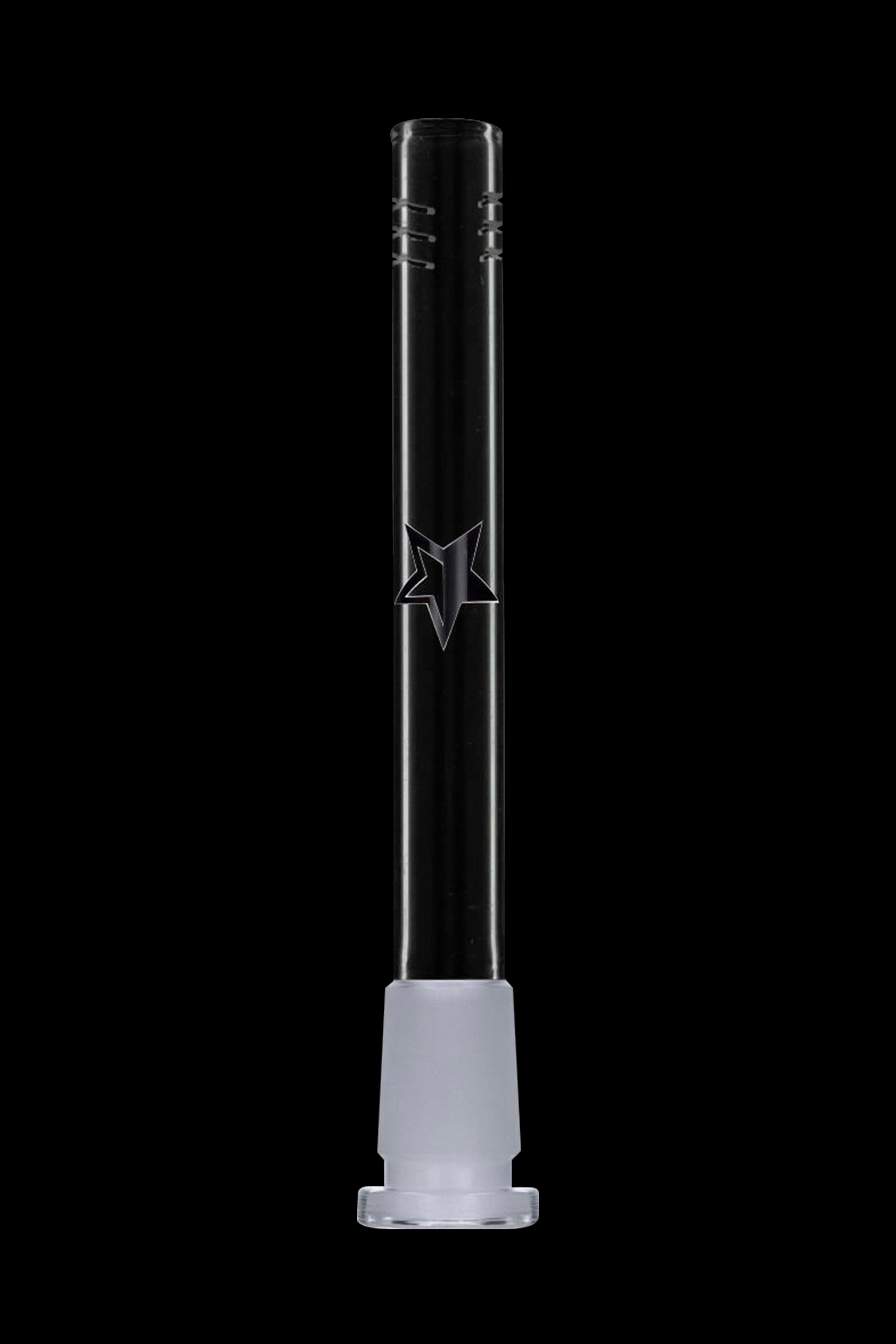 Clear glass bong with a branded logo, studio shot on black background.