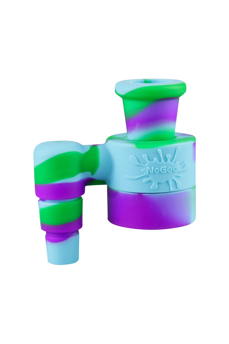A close-up view of the NoGoo Goo-Catcher Silicone Reclaimer, showcasing its curved shape and translucent purple hue.