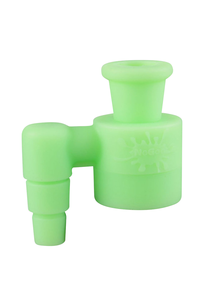 A close-up, angled view of the NoGoo Goo-Catcher Silicone Reclaimer, showcasing its rounded, green silicone form.
