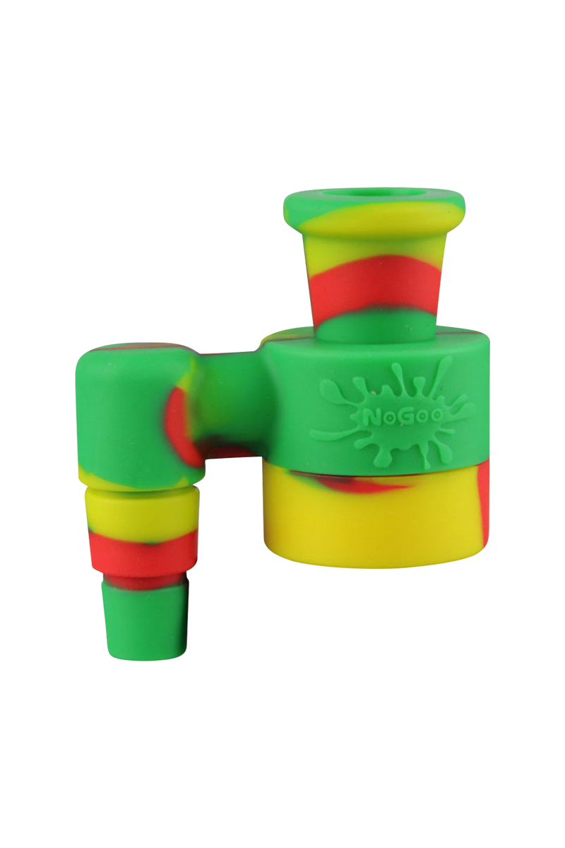 A close-up shows the NoGoo Goo-Catcher Silicone Reclaimer in vibrant green and red, angled slightly against a dark backdrop.