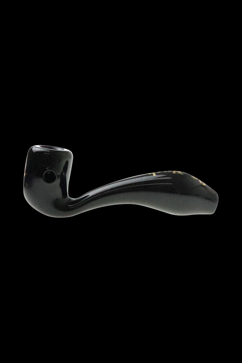 A side view of the “Puff Puff Pass “OG Kush” Strain Pipe, showcasing its curved design and dark finish against a plain background.