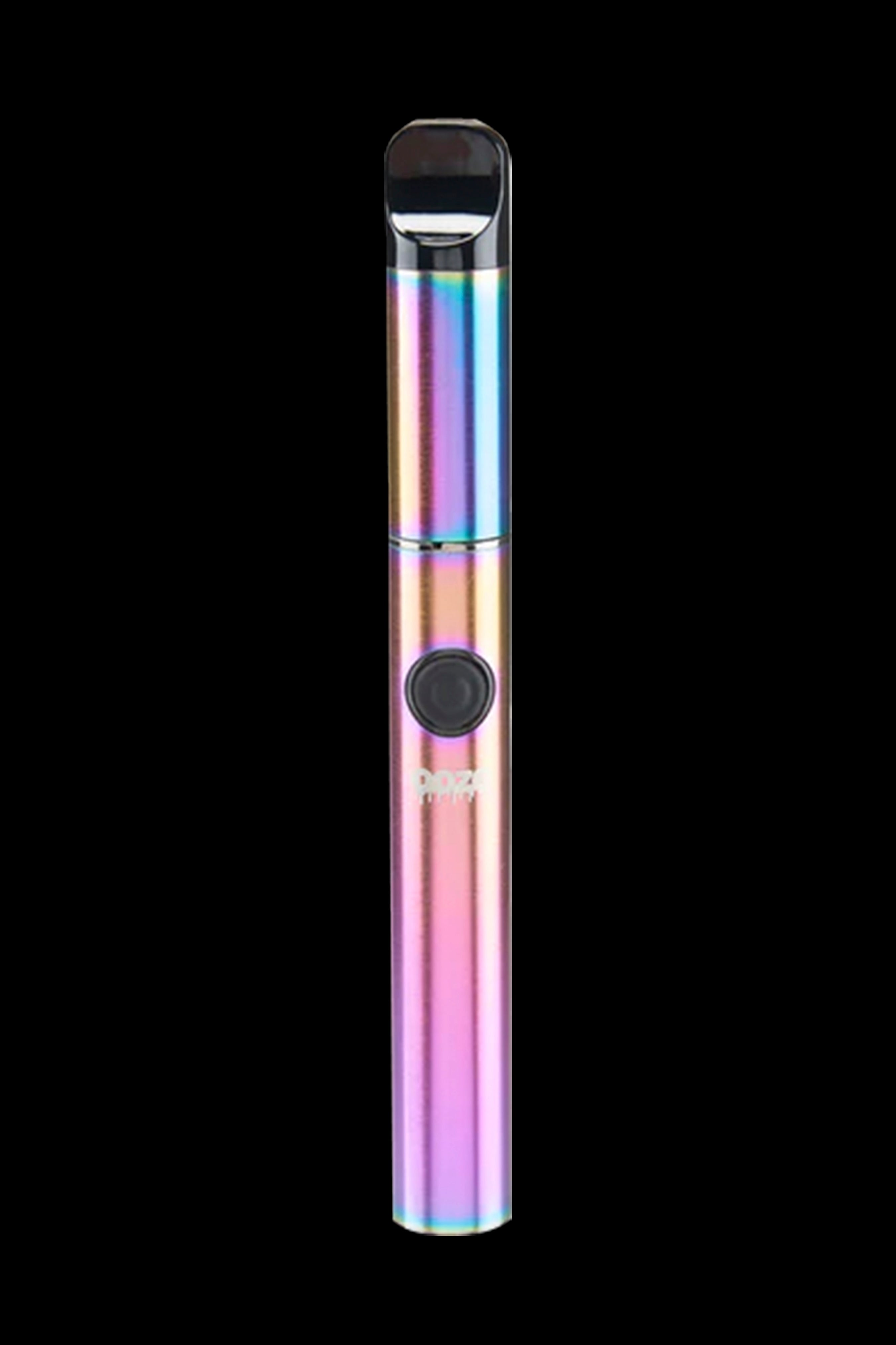 Iridescent cannabis vape pen against a black background.