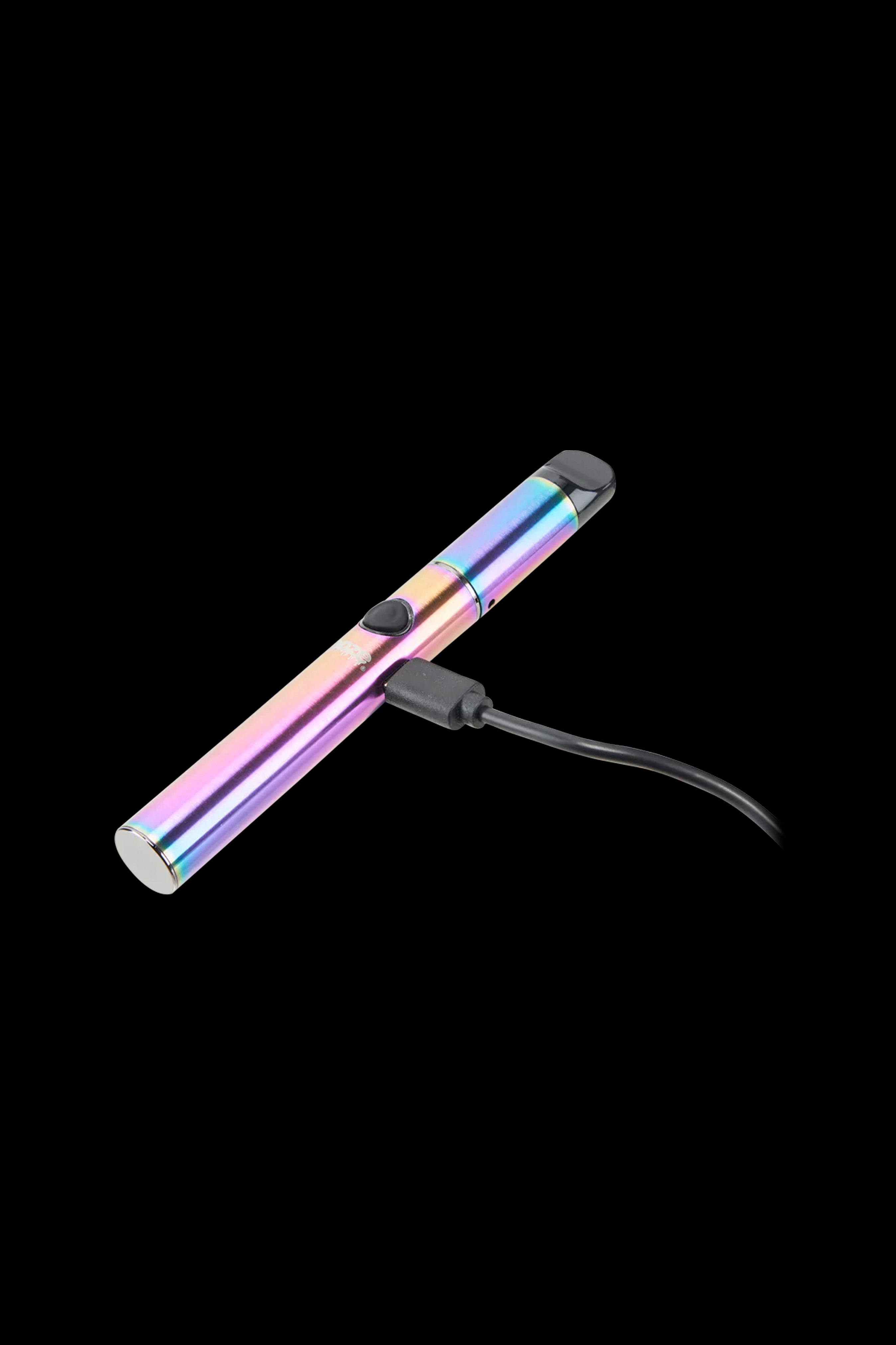 Iridescent cannabis vape pen with USB charging cable on a black background.