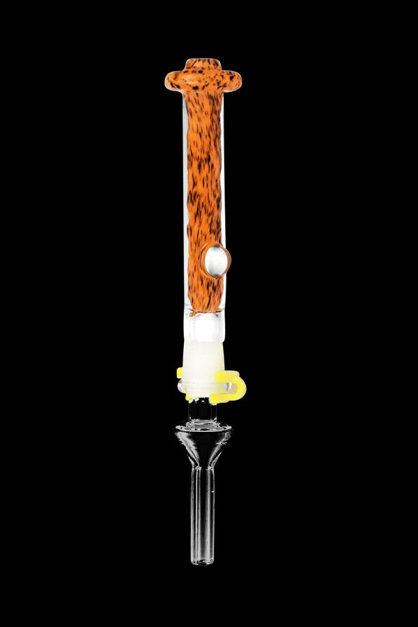 Hand-blown glass oil rig with orange and white swirl design.