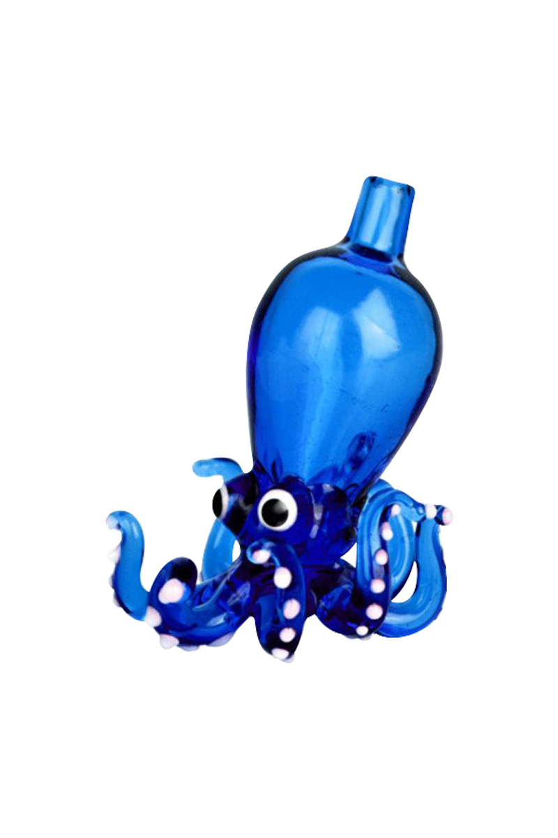 A vibrant, angled view of the Octopus Themed Directional Carb Cap in blue glass, resembling a sea creature.