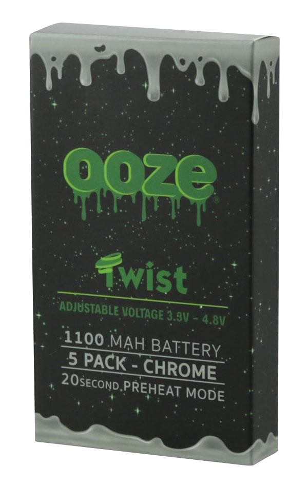 Three-quarter front view of the Ooze Adjustable Twist 1100mAh Batteries - 5 Pack box with green drippy logo and chrome text on a starry black background