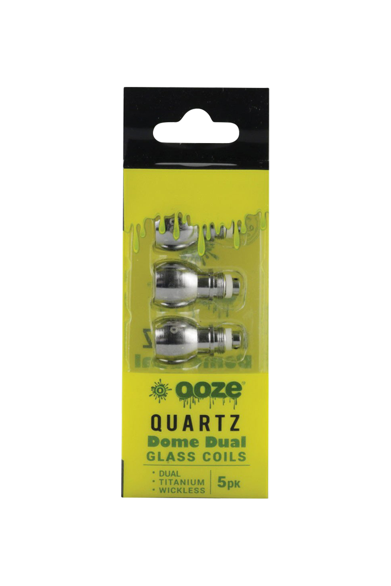 A close-up of the Ooze Dual Quartz Glass Dome Coils - 5 Pack, showing the coils neatly arranged in their clear plastic packaging.