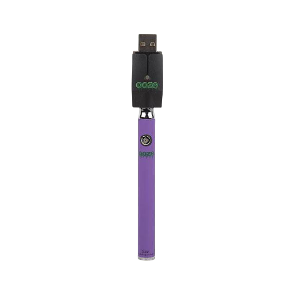 Centered front view of a purple Ooze Slim Twist Battery with Charger against a white background, USB charger attached.