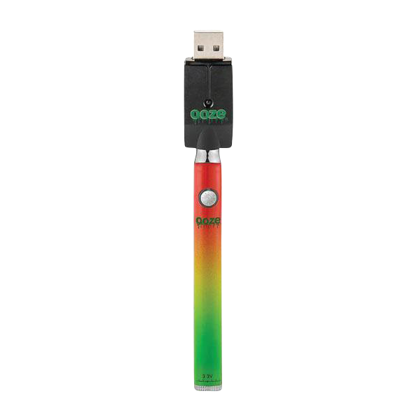 Center-aligned front view of the Mary Jade Ooze Slim Twist Battery with Charger showing the gradient red-to-green pen battery attached to a black USB charger on a white background