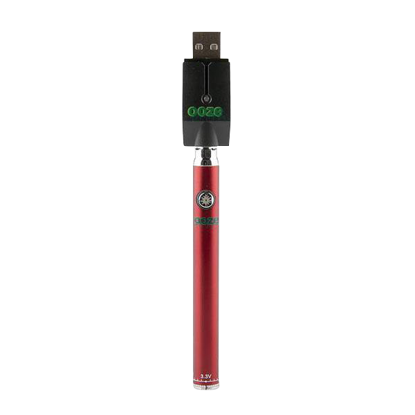 Straight-on view of a red Ooze Slim Twist Battery with Charger standing upright against a white background, USB charger attached.