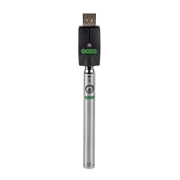Center-aligned studio shot of the Ooze Slim Twist Battery with Charger showing the chrome twist battery and black USB charger against a white background.