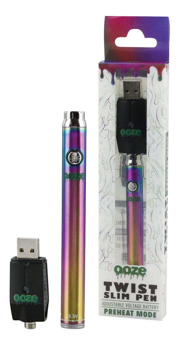 Front-facing shot of an Ooze Slim Twist Battery with Charger showing a rainbow-finish slim pen battery, USB charger, and the packaged set against a white background